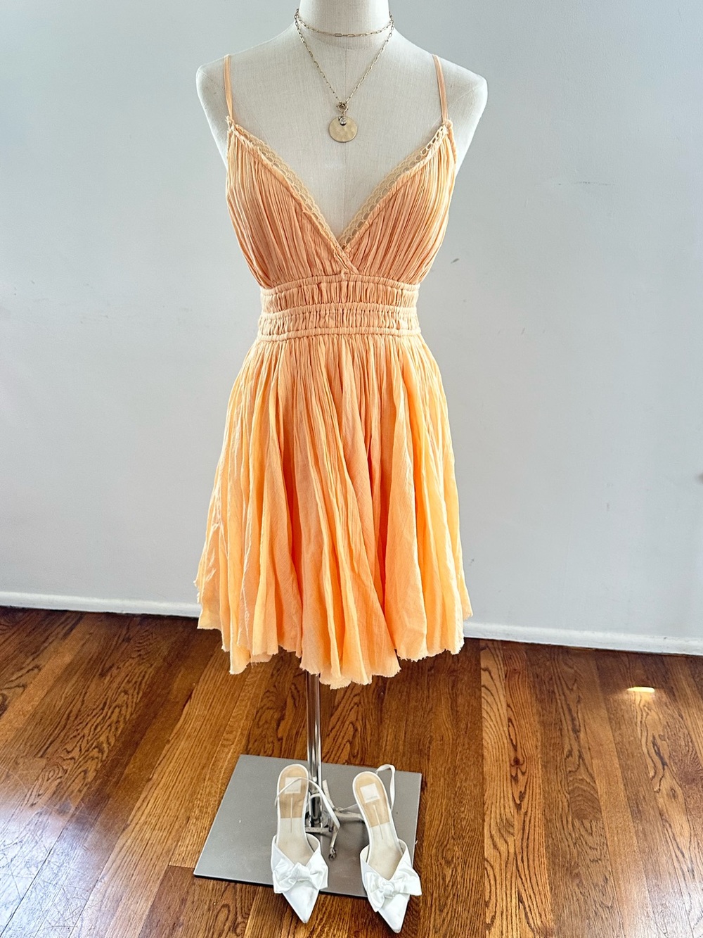 FP One by Free People Creamsicle Peach Smocked Mini Dress Spaghetti Strap Boho M
